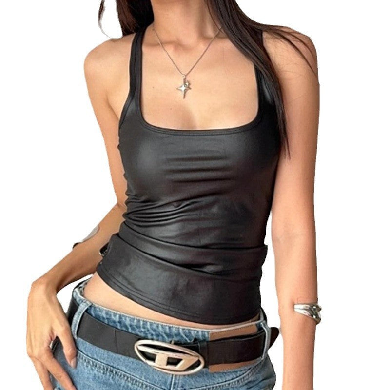 Street Style Leather Vest Elastic Coating Sleeveless Square Collar Sexy