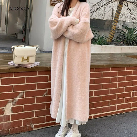 Loose Overknee Mink Knitted Sweater Cardigan Coat Women