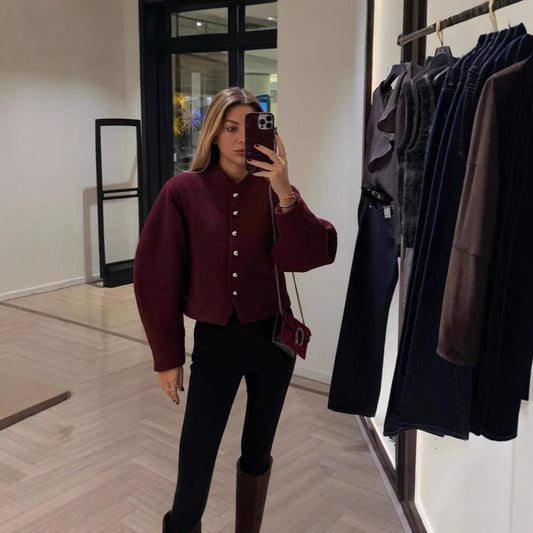 Round Neck Silver Single Breasted Burgundy Red Coat