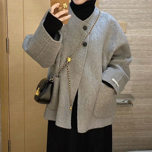 Hepburn Style Gray Woolen Coat For Women