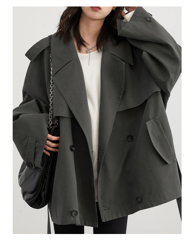 Autumn New Loose Tencel Raglan Long Sleeve Double Breasted Trench Coat