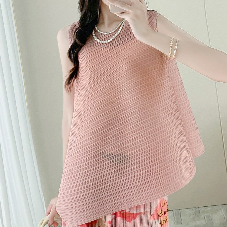 Pleated Women's Loose Slimming T-shirt Sleeveless