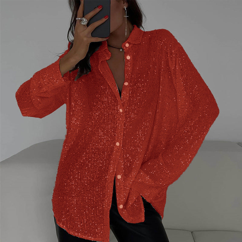 Long-sleeved Sequin Shirt Ins Fashion Lapel Tops For Party Street-style Women's Clothing