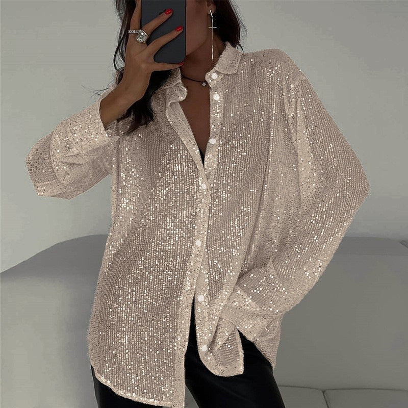 Long-sleeved Sequin Shirt Ins Fashion Lapel Tops For Party Street-style Women's Clothing