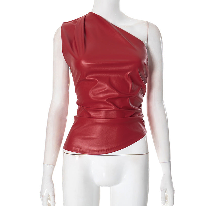 Women's Slant-shoulder Pleated Leather Top