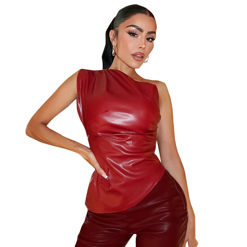 Women's Slant-shoulder Pleated Leather Top