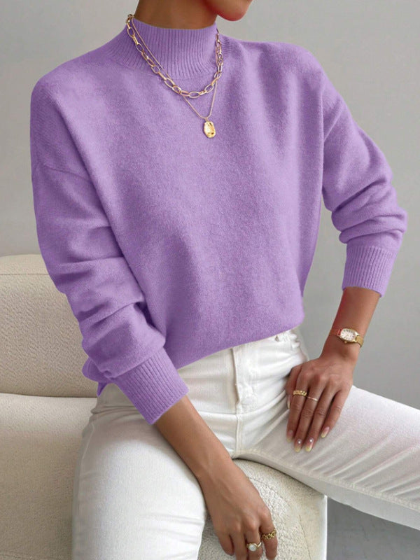 Autumn And Winter Half-high Collar Pullover Women's Fashion Solid Color Loose Knitted Top