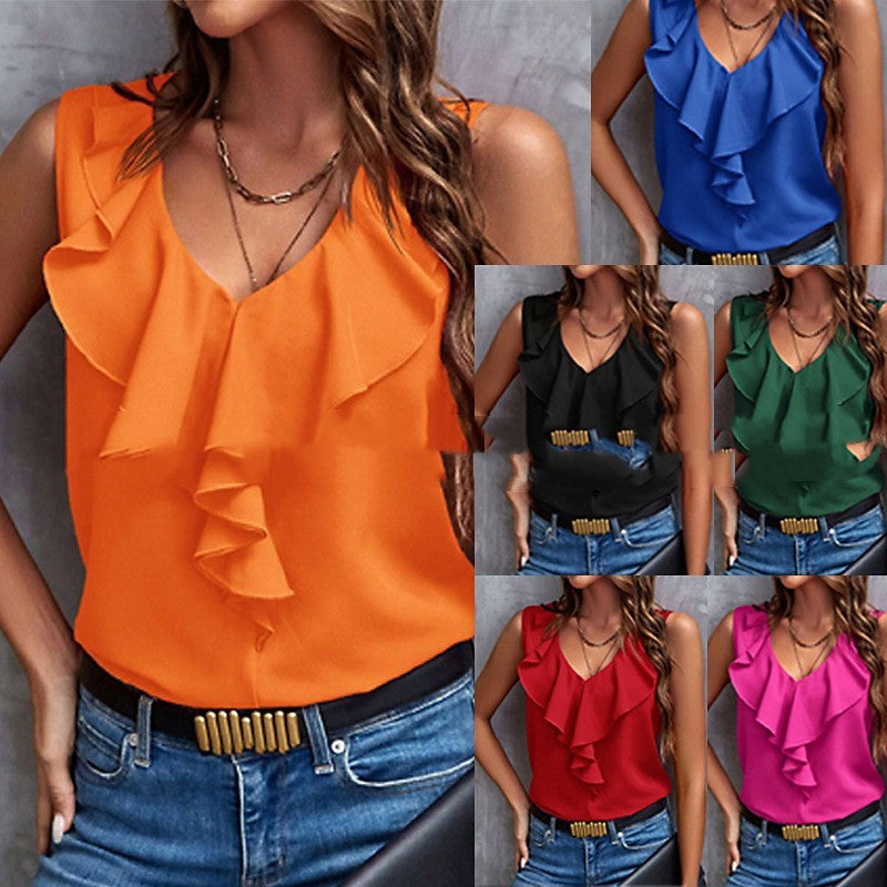 Summer Fashion All-matching Solid Color Lace V-neck Sleeveless Top