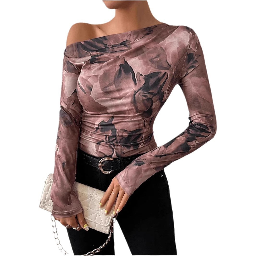 New Fashion Tie-dye Printed Asymmetric Ruffled Long-sleeved T-shirt