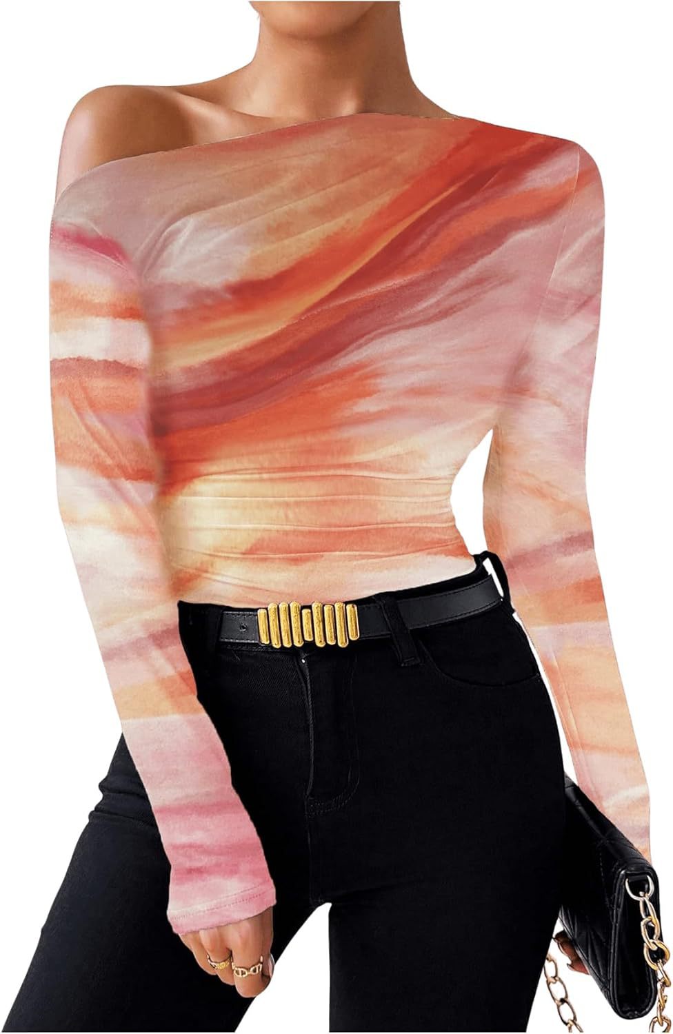 New Fashion Tie-dye Printed Asymmetric Ruffled Long-sleeved T-shirt