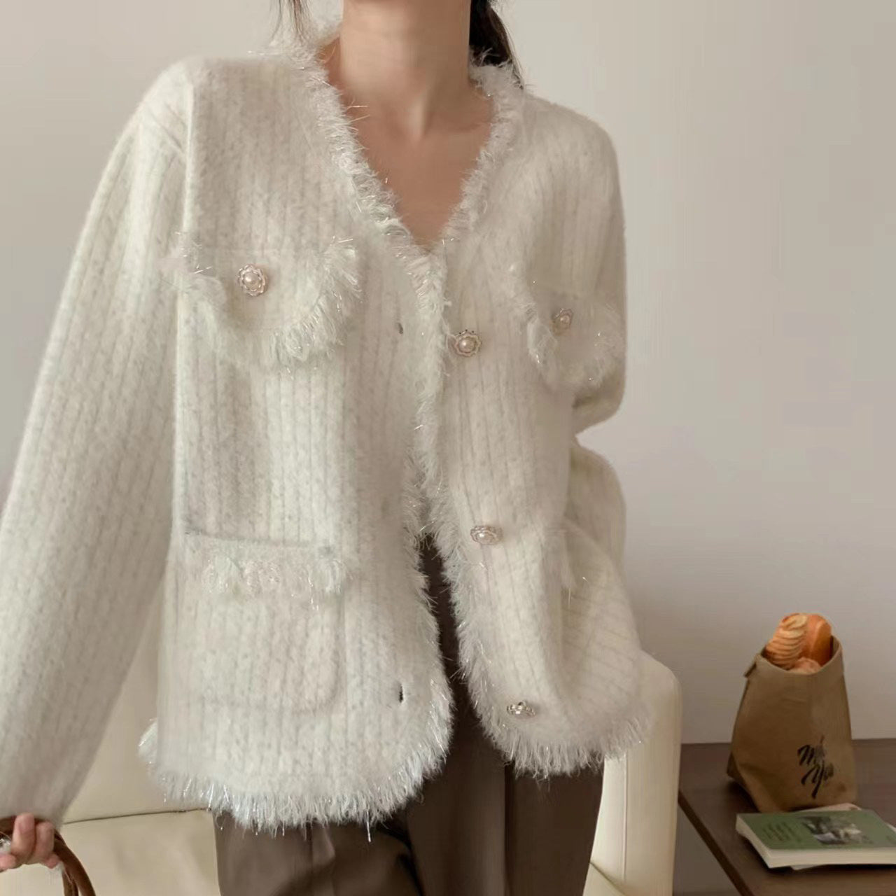 New Gentle Sweet Style White Vertical Striped Sweater Coat For Women