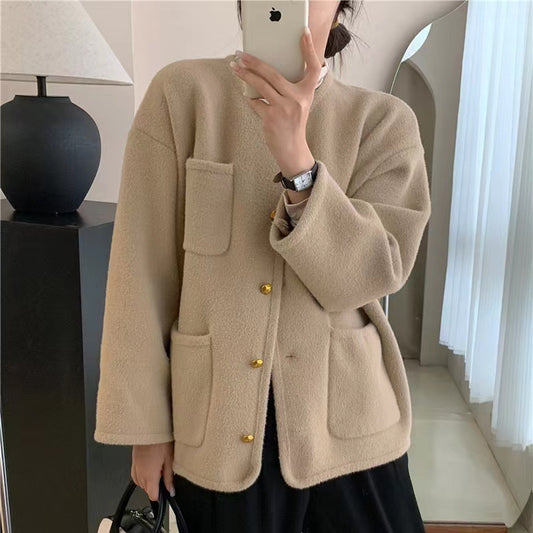 Women's Loose And Idle Round Neck Solid Color Top Coat