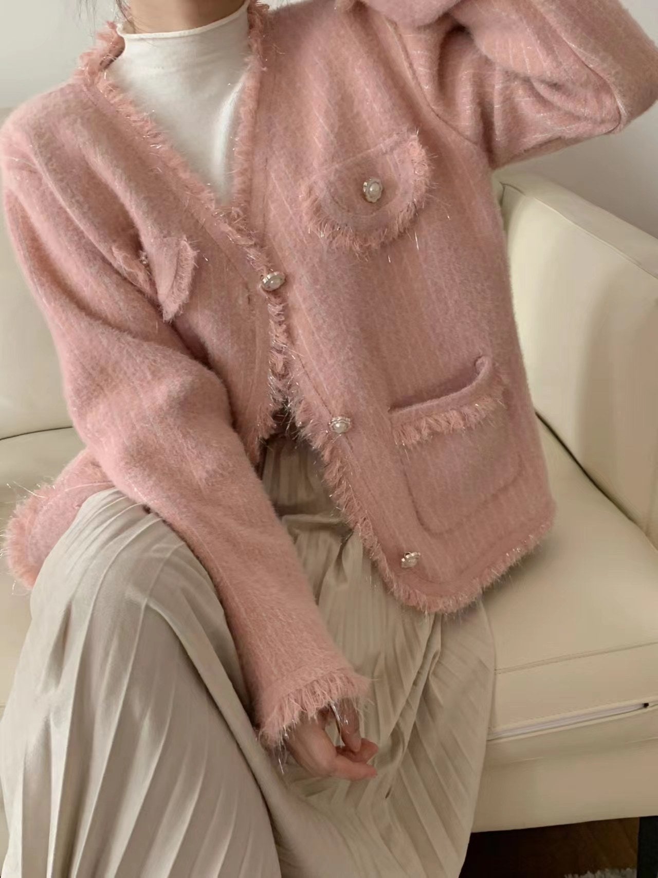 New Gentle Sweet Style White Vertical Striped Sweater Coat For Women