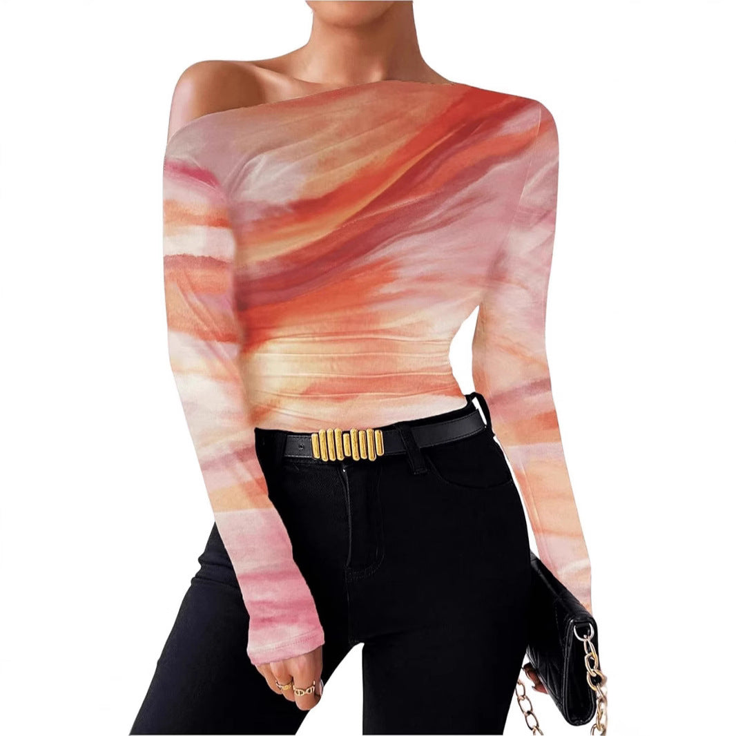 New Fashion Tie-dye Printed Asymmetric Ruffled Long-sleeved T-shirt