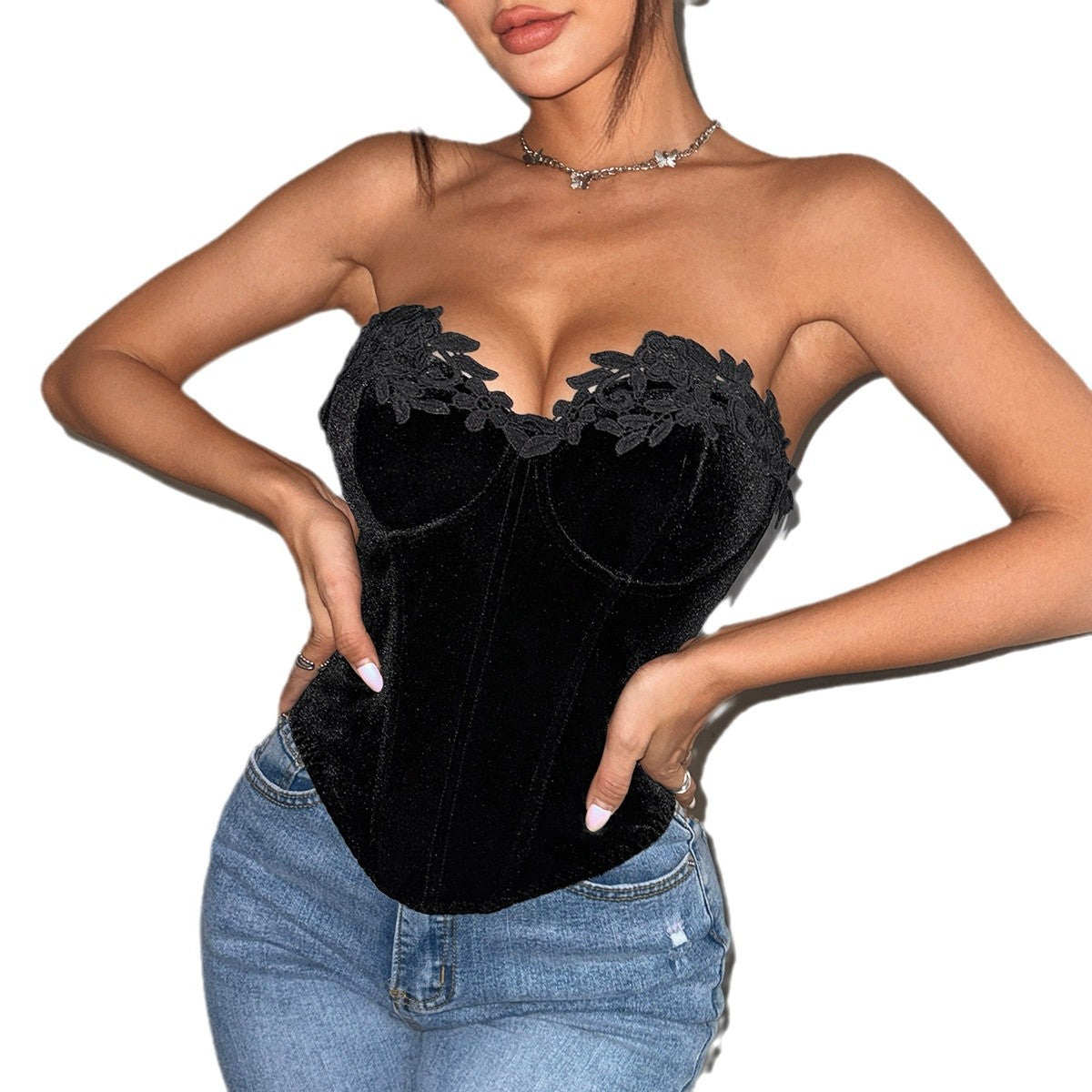 Hot Girl Autumn Black Velvet Deep V Wrapped Chest Without Back Steel Ring Fishbone Diamond Vest