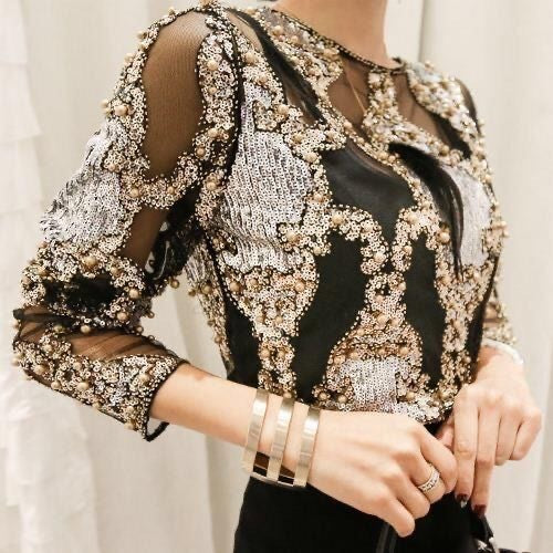 Beaded Embroidered Sequins Slimming Long Sleeve Pullover Top Women