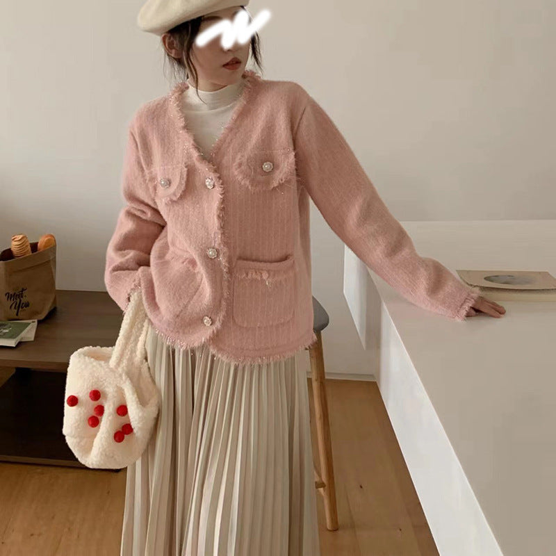 New Gentle Sweet Style White Vertical Striped Sweater Coat For Women