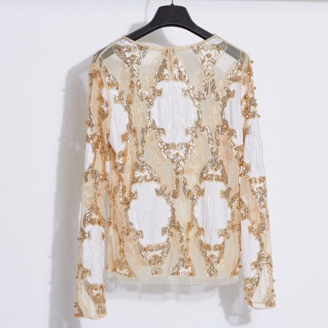 Beaded Embroidered Sequins Slimming Long Sleeve Pullover Top Women