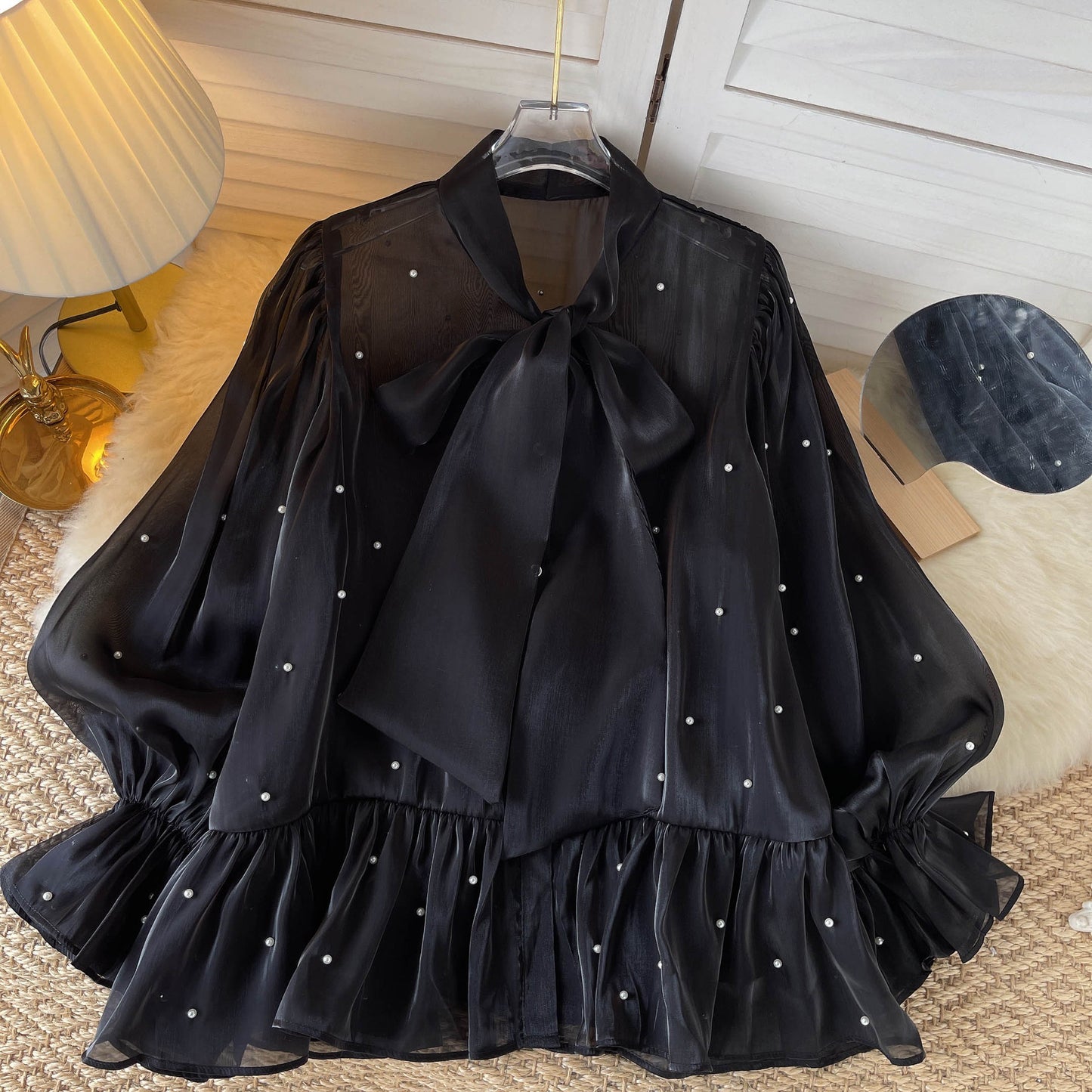 Niche Design Beaded Bowknot Bell Sleeve Shirt Top