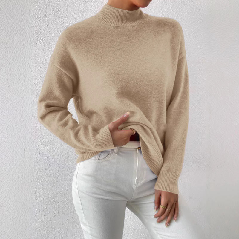 Autumn And Winter Half-high Collar Pullover Women's Fashion Solid Color Loose Knitted Top