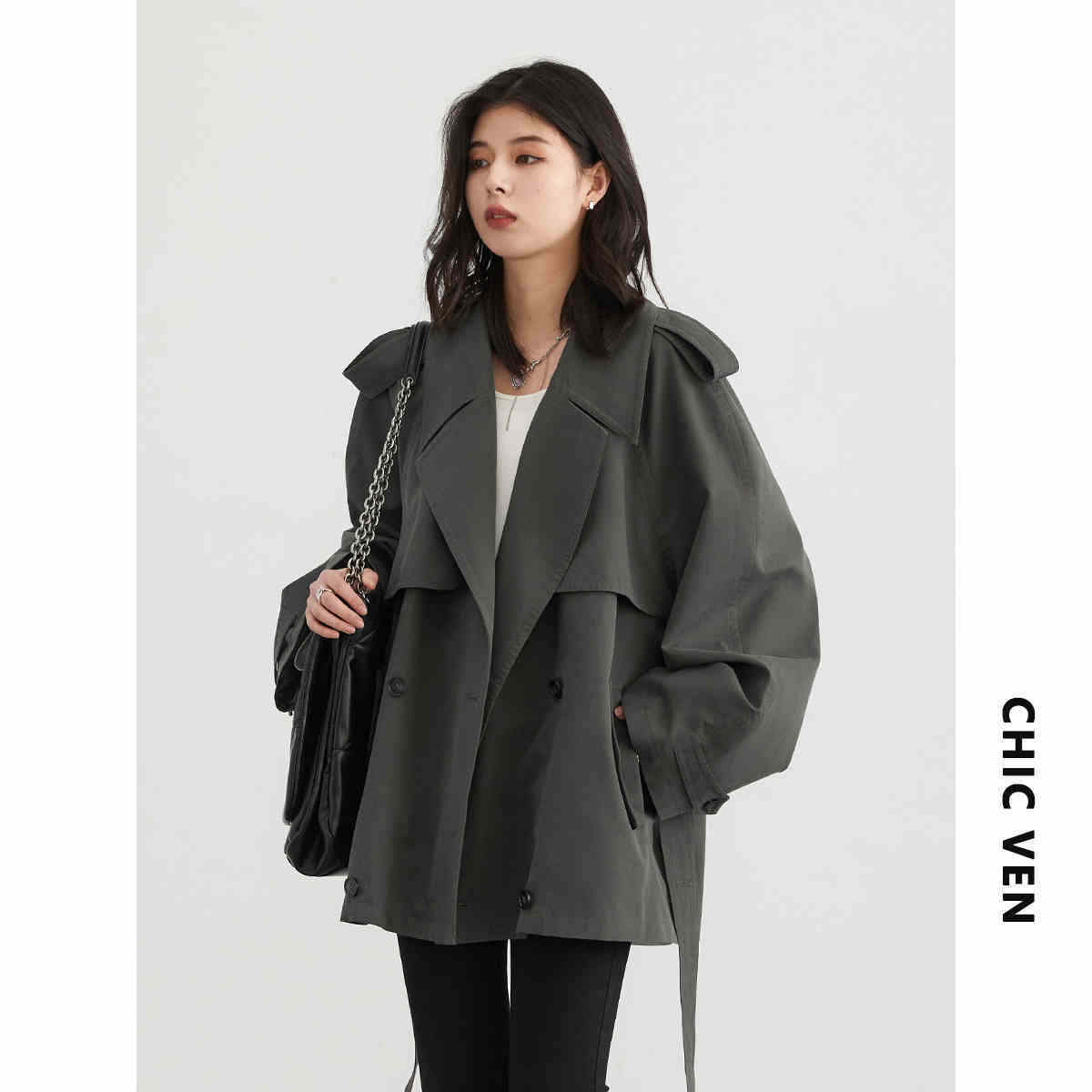 Autumn New Loose Tencel Raglan Long Sleeve Double Breasted Trench Coat