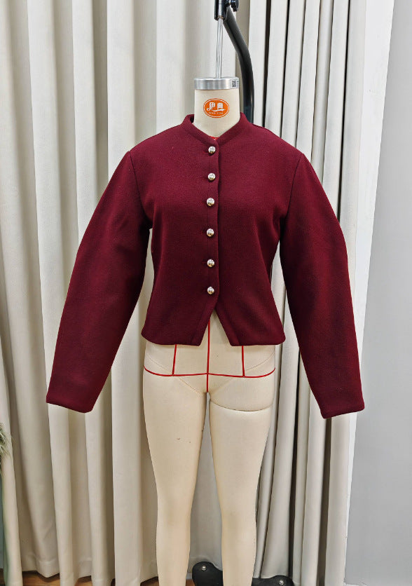 Round Neck Silver Single Breasted Burgundy Red Coat